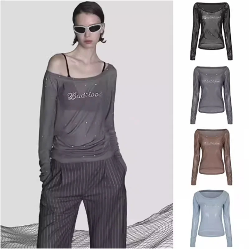 Hottie sexy see-through wear a line shoulder hot drill T-shirt Korean fashion brand gauze long sleeve clothes