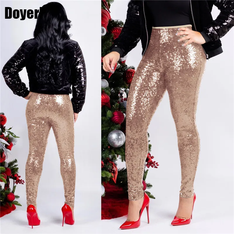 Women Rose Gold Sequin Pants Ladies Trousers Winter Slim Shiny Skinny Pencil Pants Sparkly Christmas Party Glitter Legging Pants