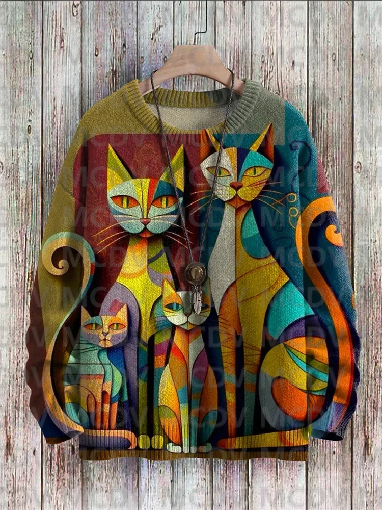 Cat Floral Art Print Pullover Knitted Sweater Printed Sweater Men's For Women's Pullover