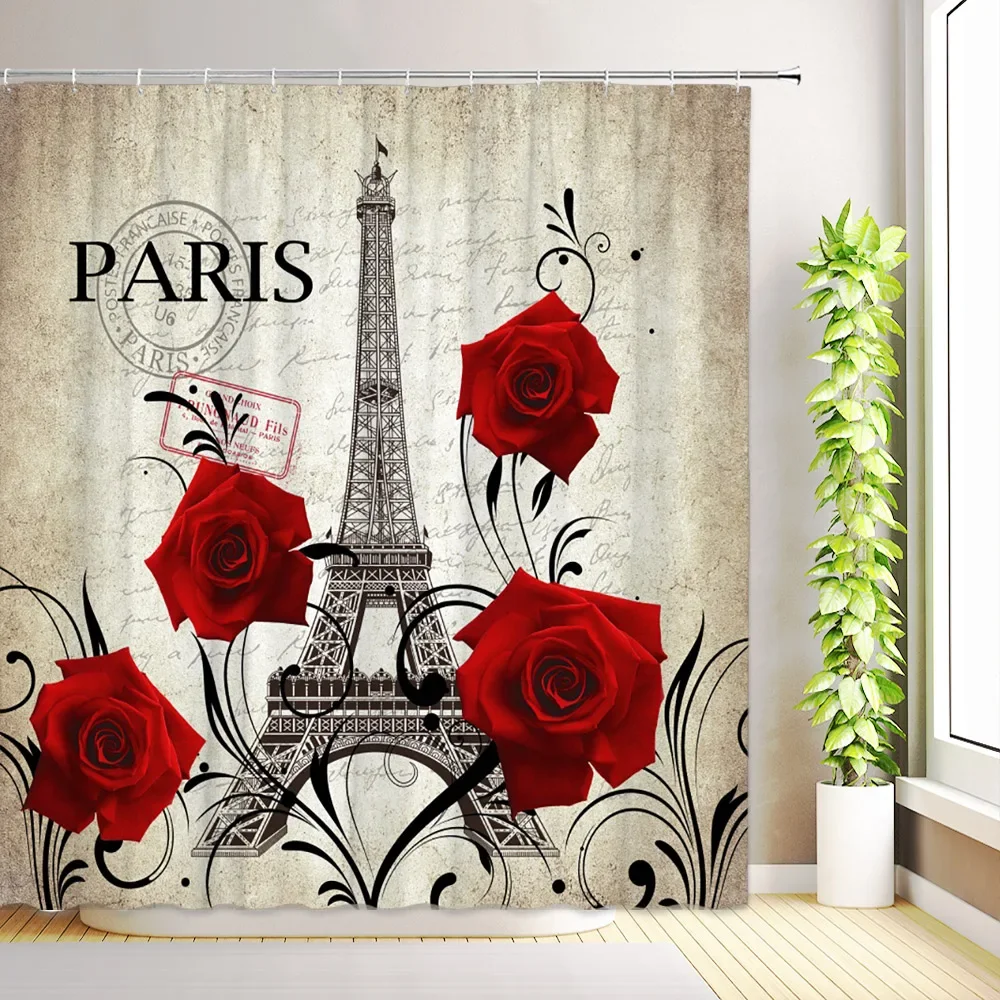 

Занавеска для душа с красной розой, романтический Париж, винтажная Эйфелева башня, штамп, цветочная бабочка, абстрактное искусство, декор для ванной комнаты с крючками