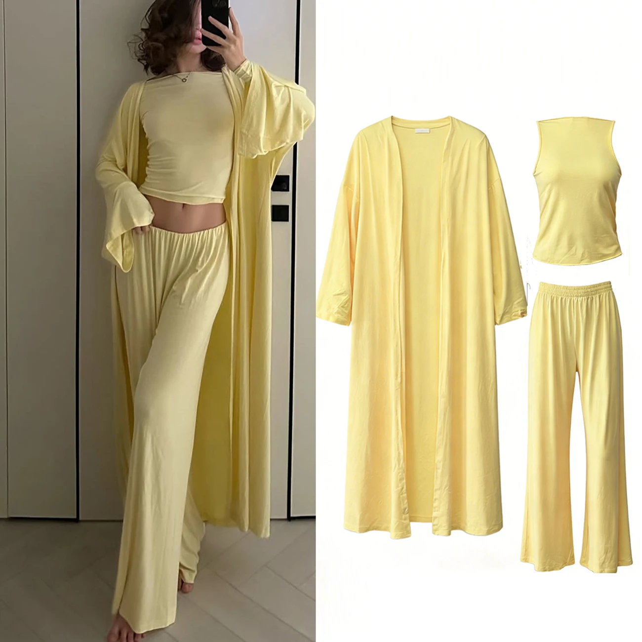 

WXOY Women 3 Piece Set Casual Long Sleeve Crop Top Vest High Waist Wide Leg Pants Long Cardigan Lounge Casual Outfit Beachwear