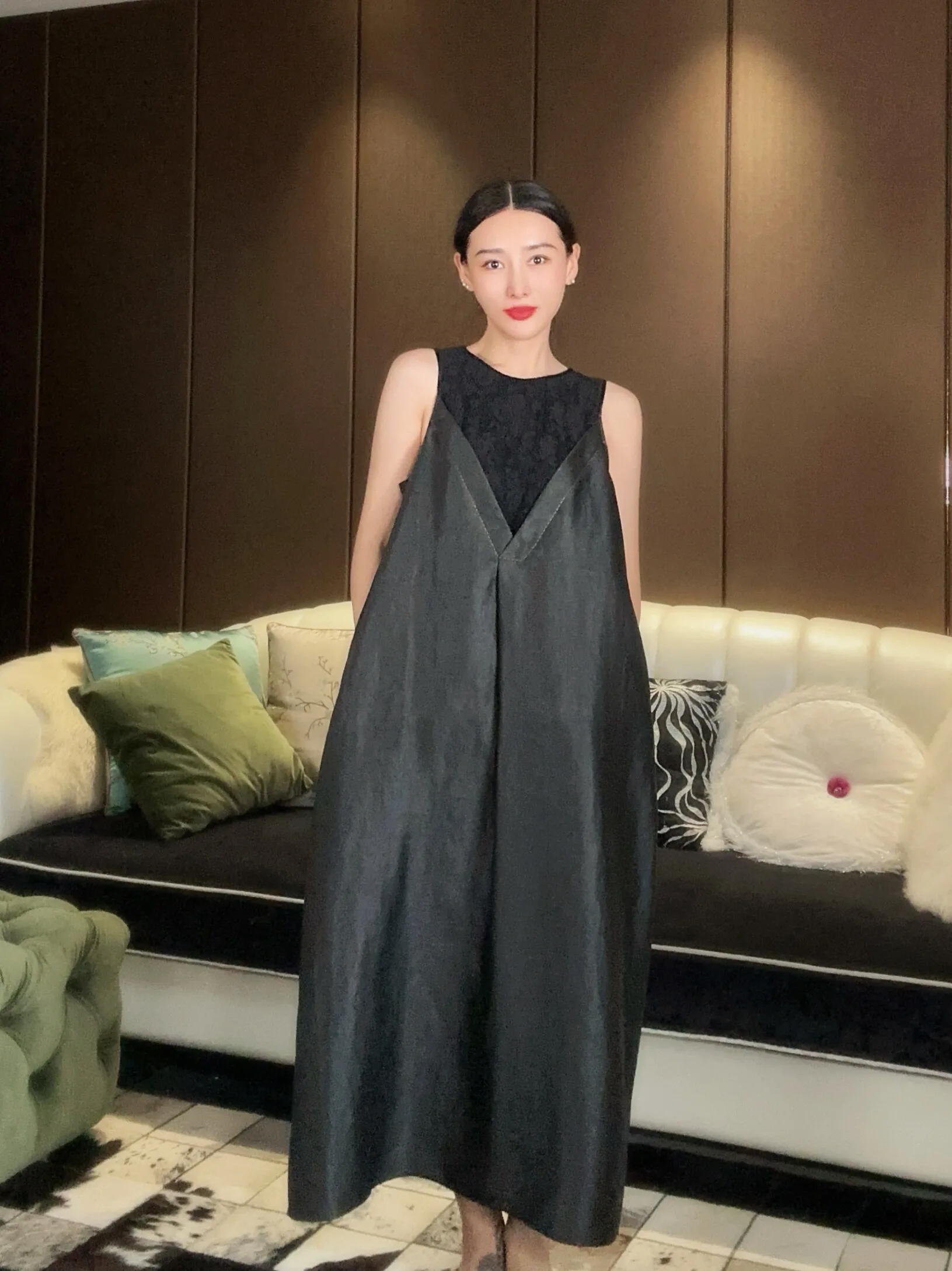 

Faionable New Chinese Sle Silk Satin Dr Svel Lace Vest Patchwork Long Summer Dr Ele Retro