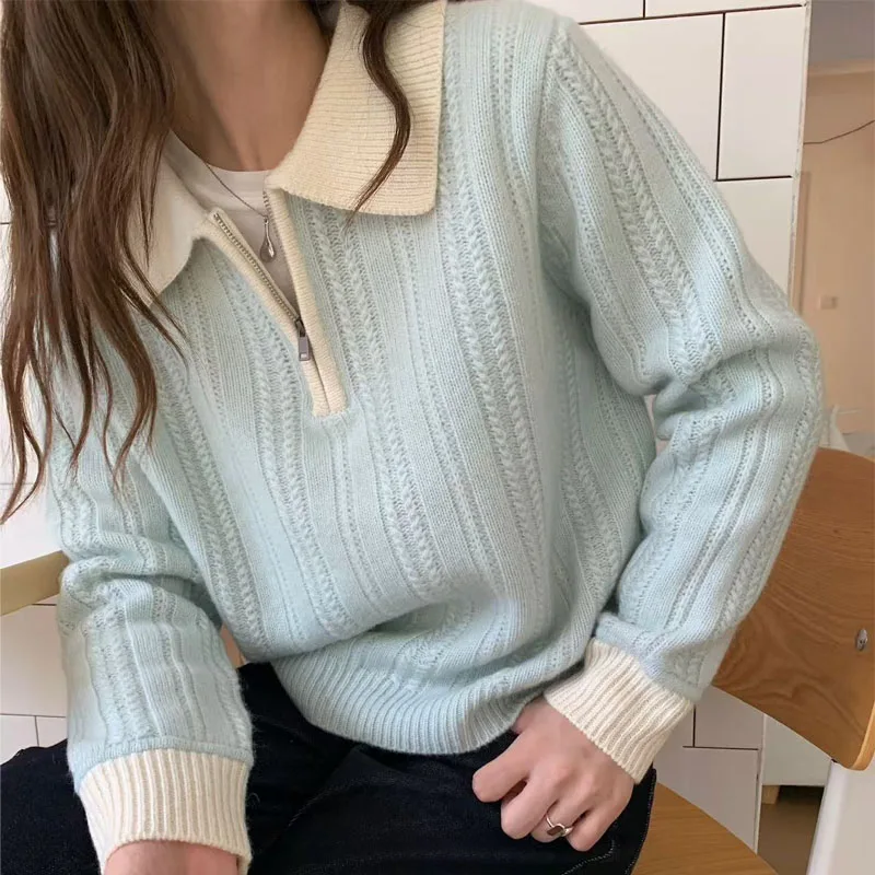 تريكو البلوزات محبوك سترة المرأة البلوفرات الحلو جديد كم طويل رفض طوق متماسكة سترة البلوز المرأة بلايز Q2048