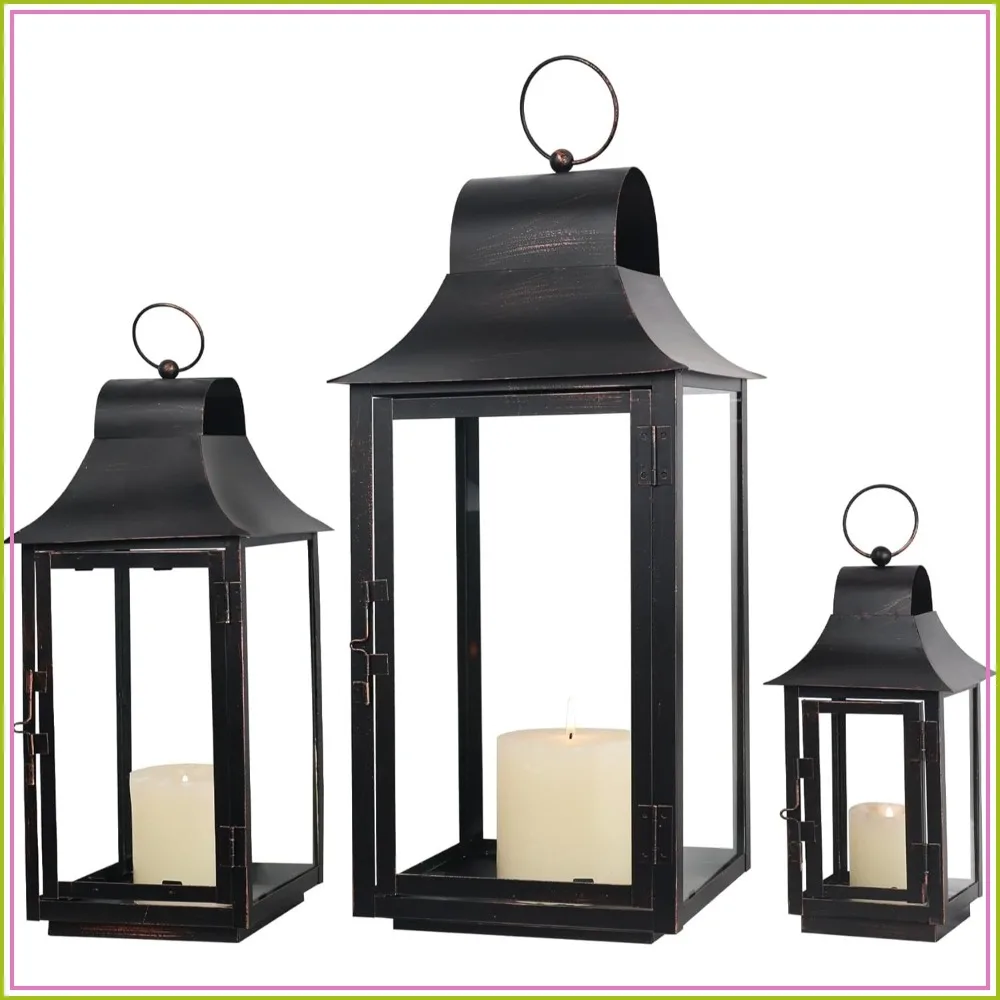 

Large Candle Lanterns Decorative for Front Porch, 22'' 16'' 11'' Metal Frame Square Holders with Glass, Vintage Patio, Garden, Yard Spring Decor