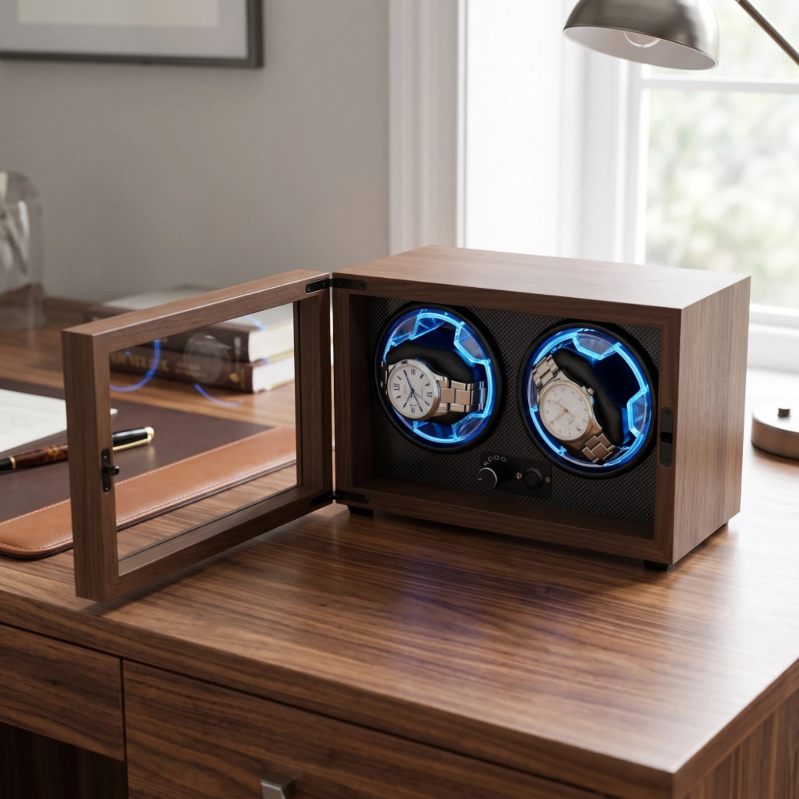 Two-Watch Watch Winder Wood-Grain Watch Winder Box Silent Luxury for Men, Nightstand, Bedroom