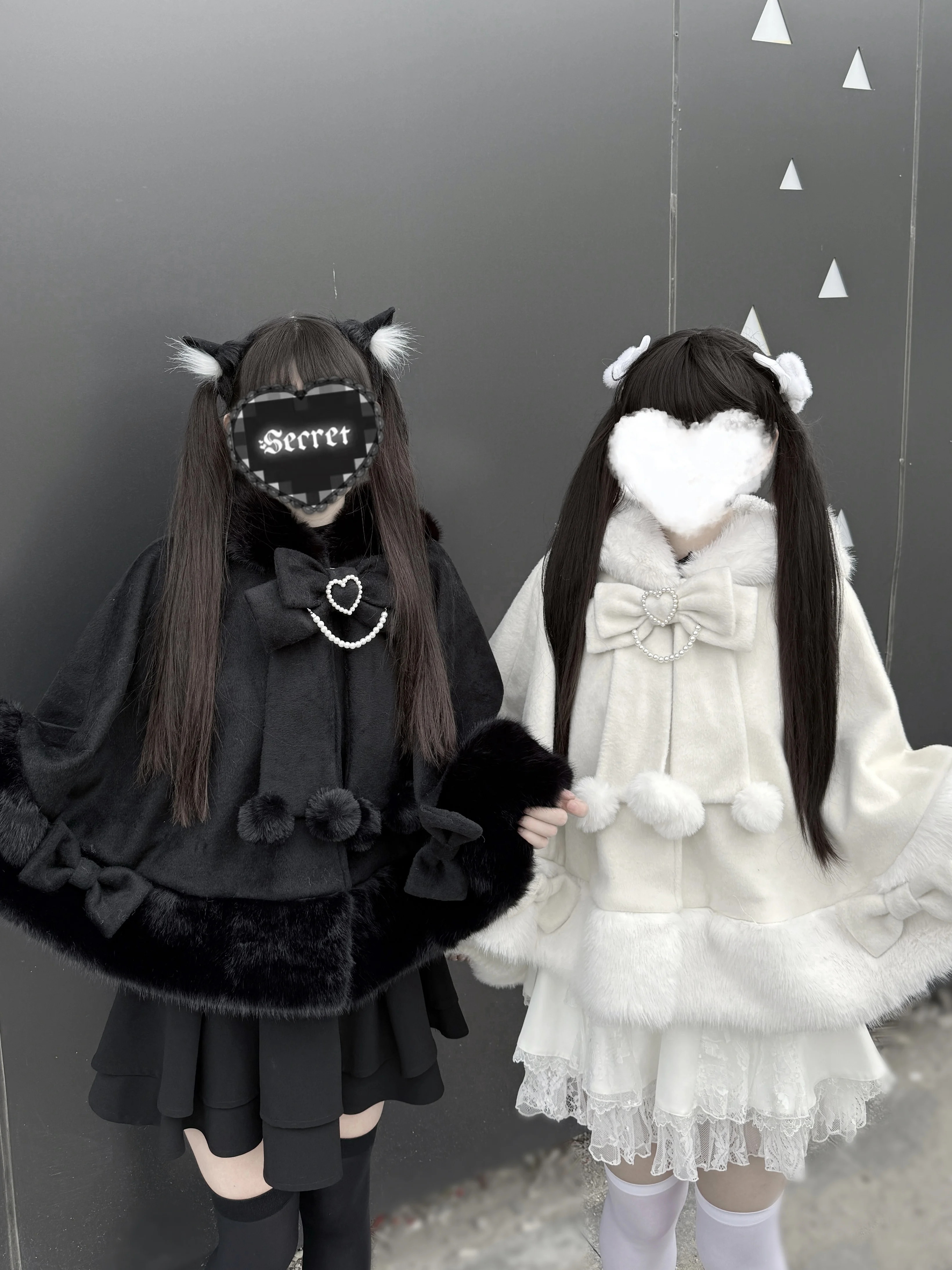 Subculture Mass-Produced Mine Black Hooded Cloak Winter New Girls Sweet Cool Cute Bow Short Jacket Y2K Plush Thickened Ponchos