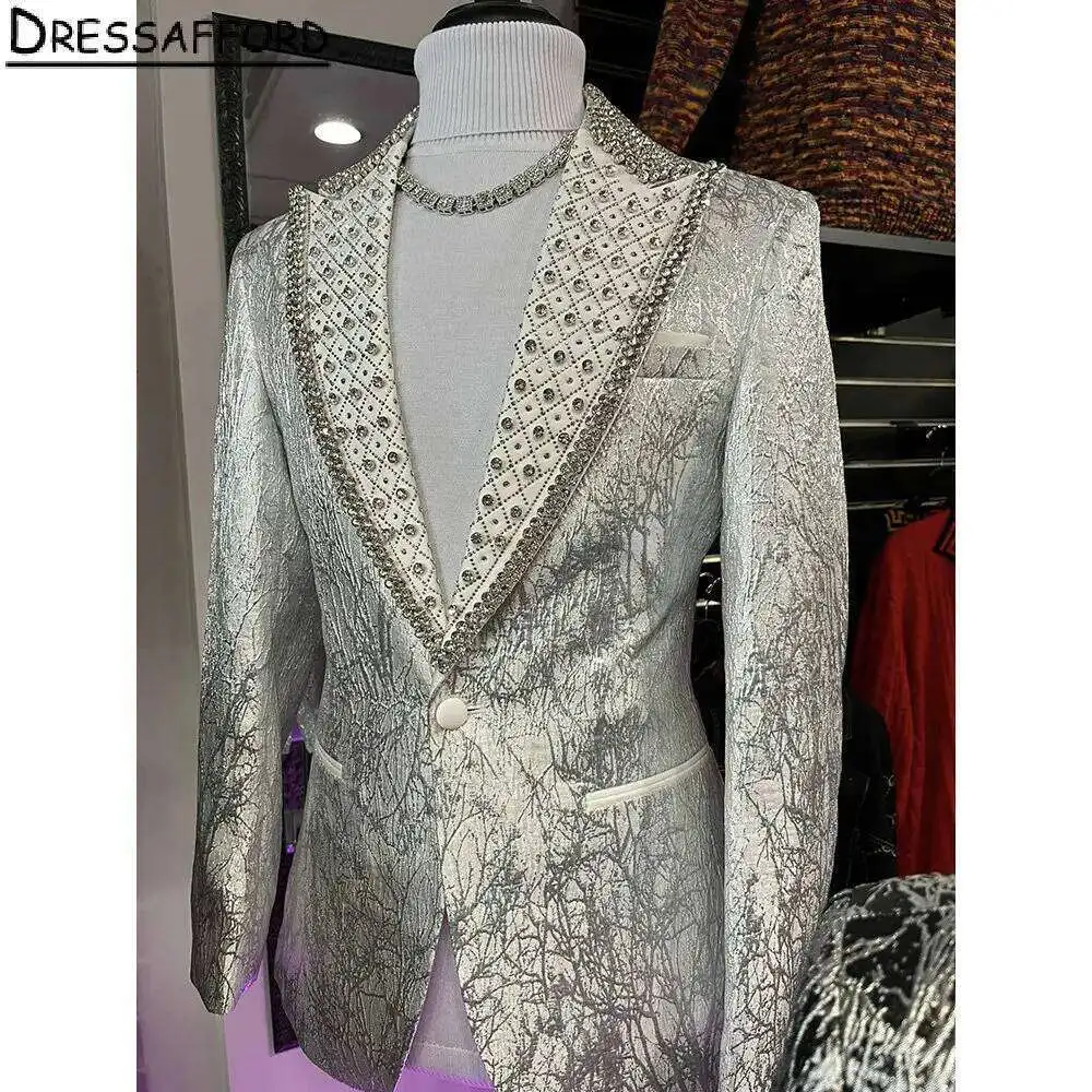 Sier Jacquard Groom Wear Dias Crystal Formal Men Suits 2 Piece Jacket And Pants Sets Smart Casual Business Blazer