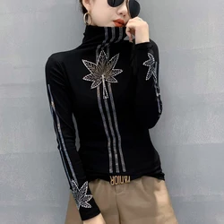 #4236 Black Turtleneck T Shirt Women Diamonds Striped Slim Basic T-shirt Femme Cotton Streetwear Tee Hollow Out Spring Autumn