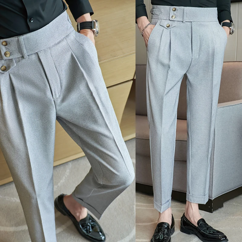 

High Waist Solid Color Men's Pants Business Casual Parties Formal Events Ankle Length Slim Pants Male Plus Size XS-6XL