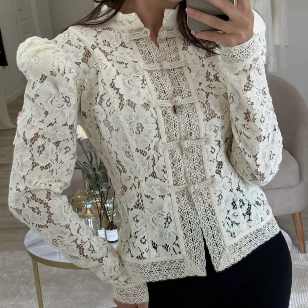 Solid Color Embroidery Blouse See-through Full Sleeve Patchwork Blouse Single Breasted Slim Fit Chinese Style Top Summer Wear