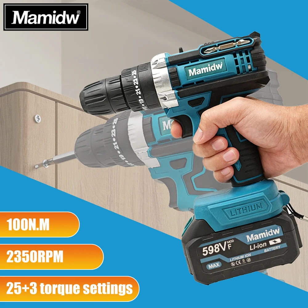 Wiertarko-wkrętarka akumulatorowa Mamidw 10mm, 100N.m, trzy funkcje, wiertarka udarowa, kompatybilna z akumulatorami Makita 18V