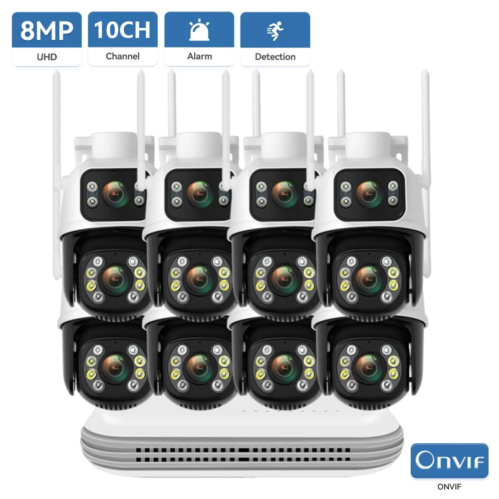 10CH Wireless Wifi NVR System 8MP Dual Lens PTZ Outdoor Wifi Camera Two Way Audio Auto Tracking Detection Home Security Kit