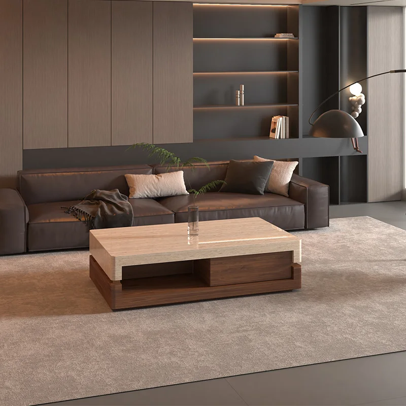 Walnut & Travertine Coffee Table, New Minimalist Luxury Design, Heat & Scratch Resistant, Artisan Custom Furniture.