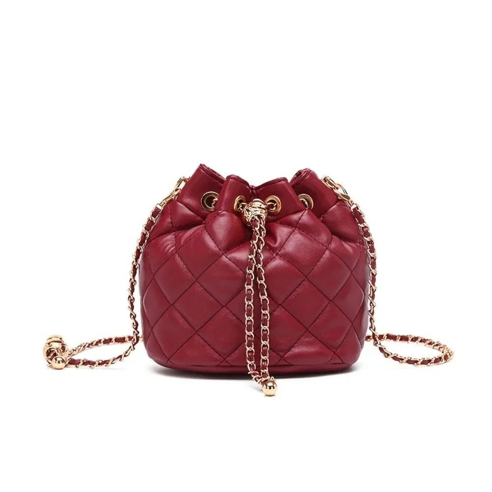 

Leather Drawstring Bucket Crossbody Women Quilted Top Handle Bag Barrel Bag Strap Chain Shoulder Strap Drawstring Crossbody Bag