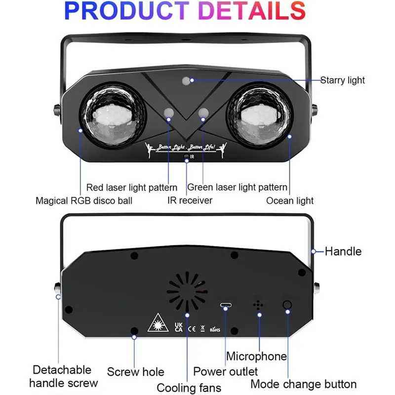 ~A61Z Dance Party Disco Ball With Remote Control, Dj Strobe Light Sound Activated Stage Rave Light Ocean Star Projection Project