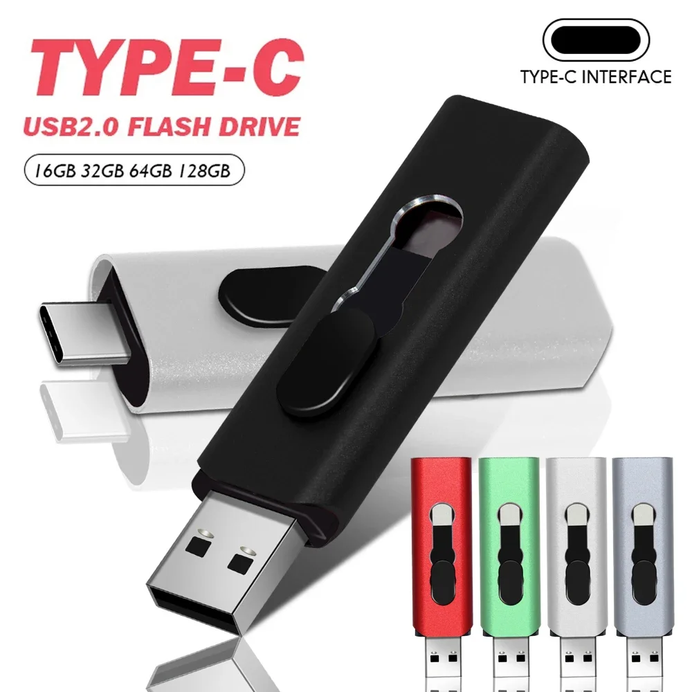 Unidade Flash de Alta Velocidade USB 2.0 Tipo C, Pendrive Stick, 32GB, 256GB, 128GB, 64GB, 2 em 1