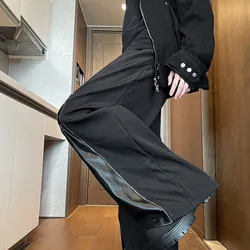 2025NEW PU Leather Patchwork Wide Leg Pants Men Zipper Hip Hop Fashion Harajuku High Street Loose Casual Pants Ropa Hombre