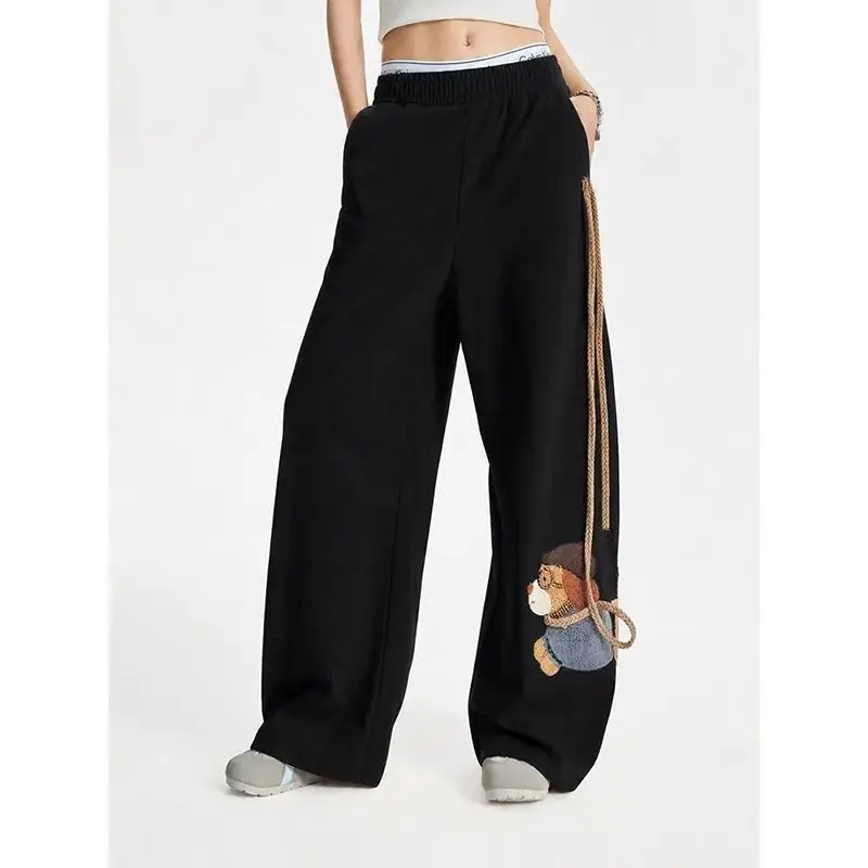 Women's Cute Cartoon Dog Embroidery Wide Leg Pants Unisex Creative Leash Design Logo Waist Casual Cotton Trousers