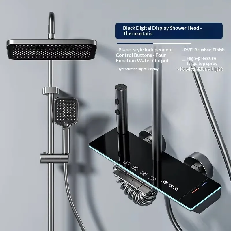 

2026 Modern Minimalist Wall Mounted Shower Set with Soft Mist Spray LED Digital Display Matte Black Finish Ambient Light