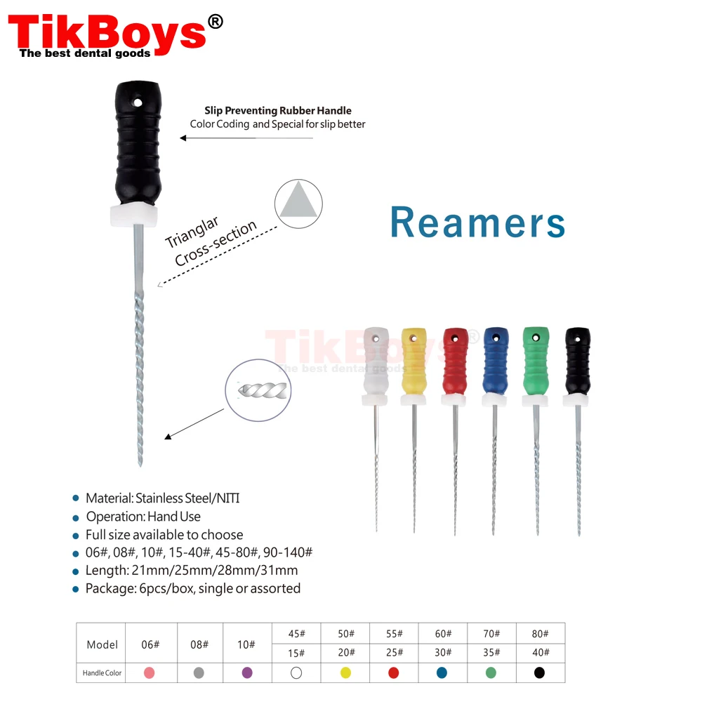 치과 근관 스테인리스 스틸 리머, 핸드 사용 엔도 파일, 루트 청소 팁에 사용되는 옵션 크기, 10 박스, 25mm, 15 #-40 #