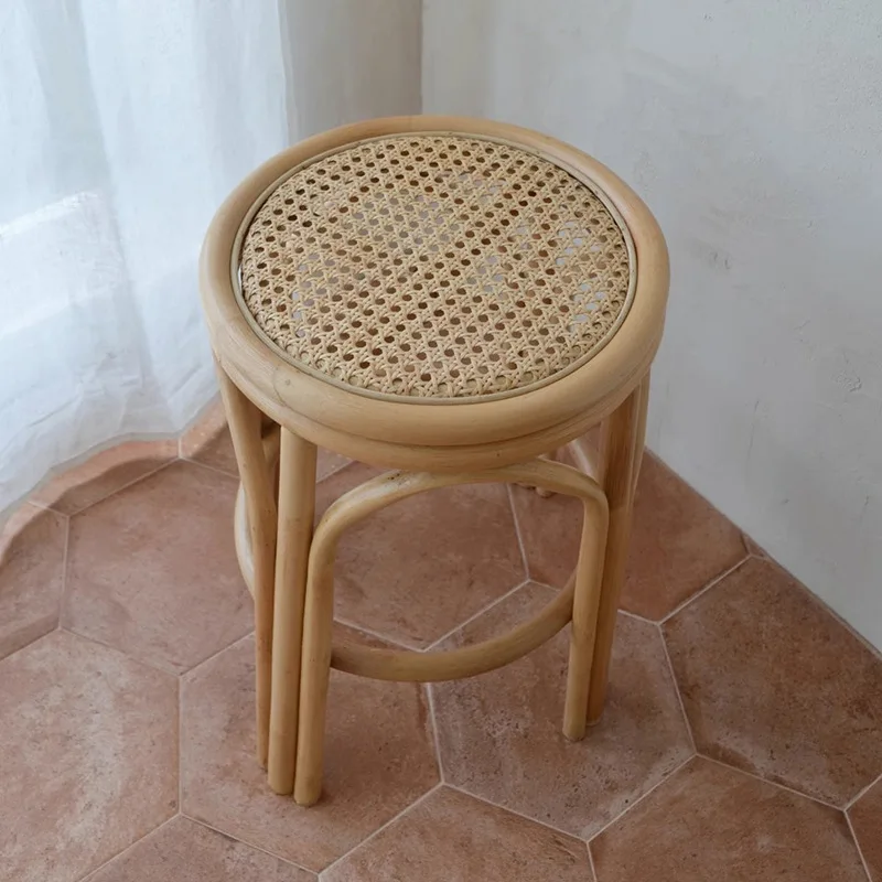 مقعد مستدير صغير من Wabi-sabi Wind Rattan، كرسي بسيط في مقهى السرير والإفطار، مقعد تزيين قديم