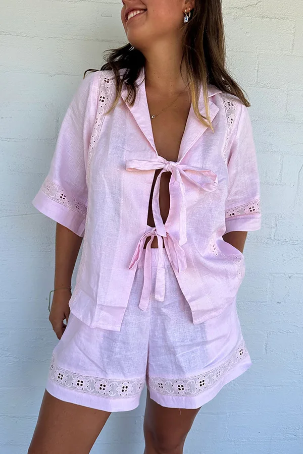 Hollow Lace Short Sleeve Shirt Suit Women's Casual Loose High Waist Shorts Suit 2024 Summer Women's Festival Street Wear