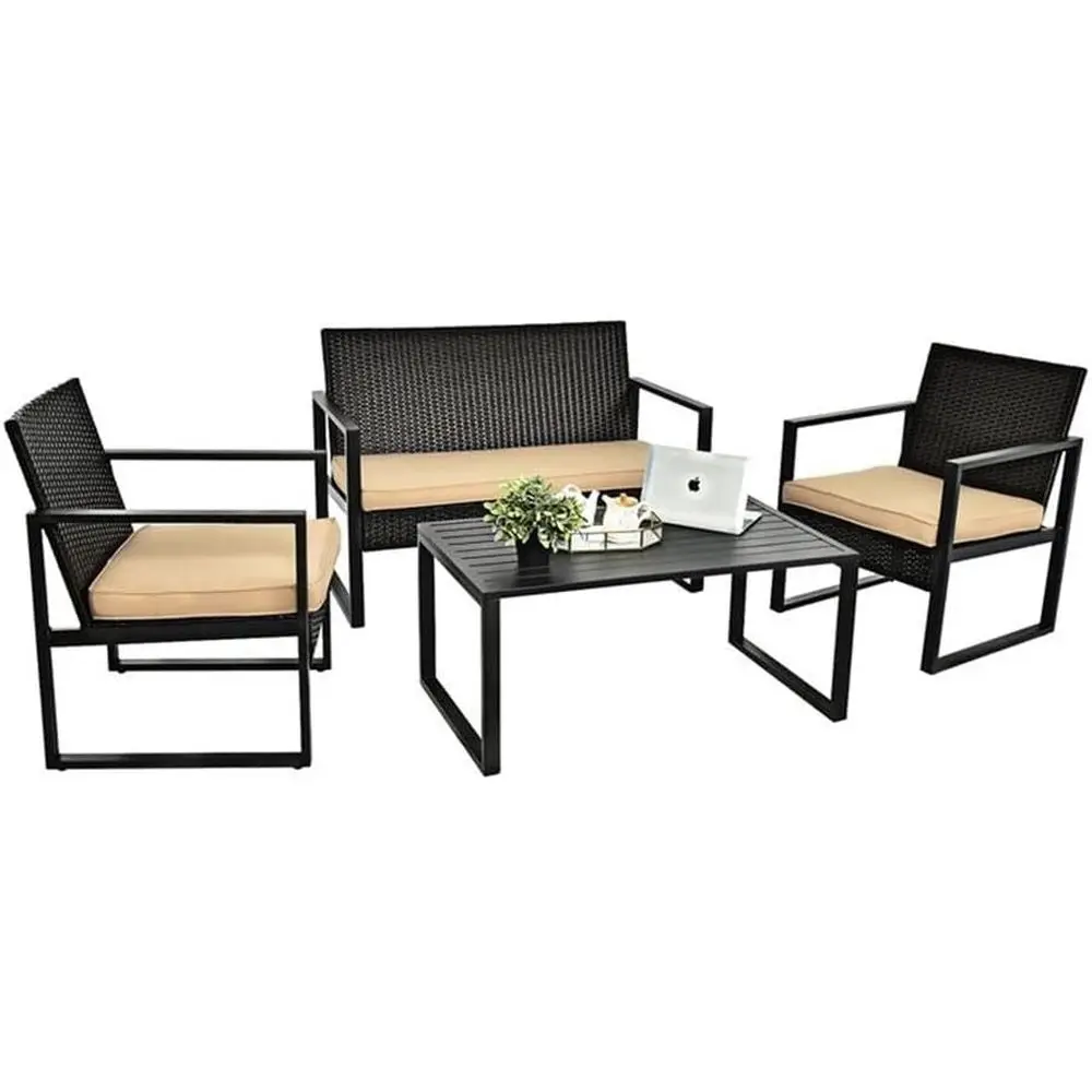 

Brown Weather-Resistant 4-Piece Rattan Patio Furniture Set with Cushioned Seating for Outdoor/Indoor Lounge