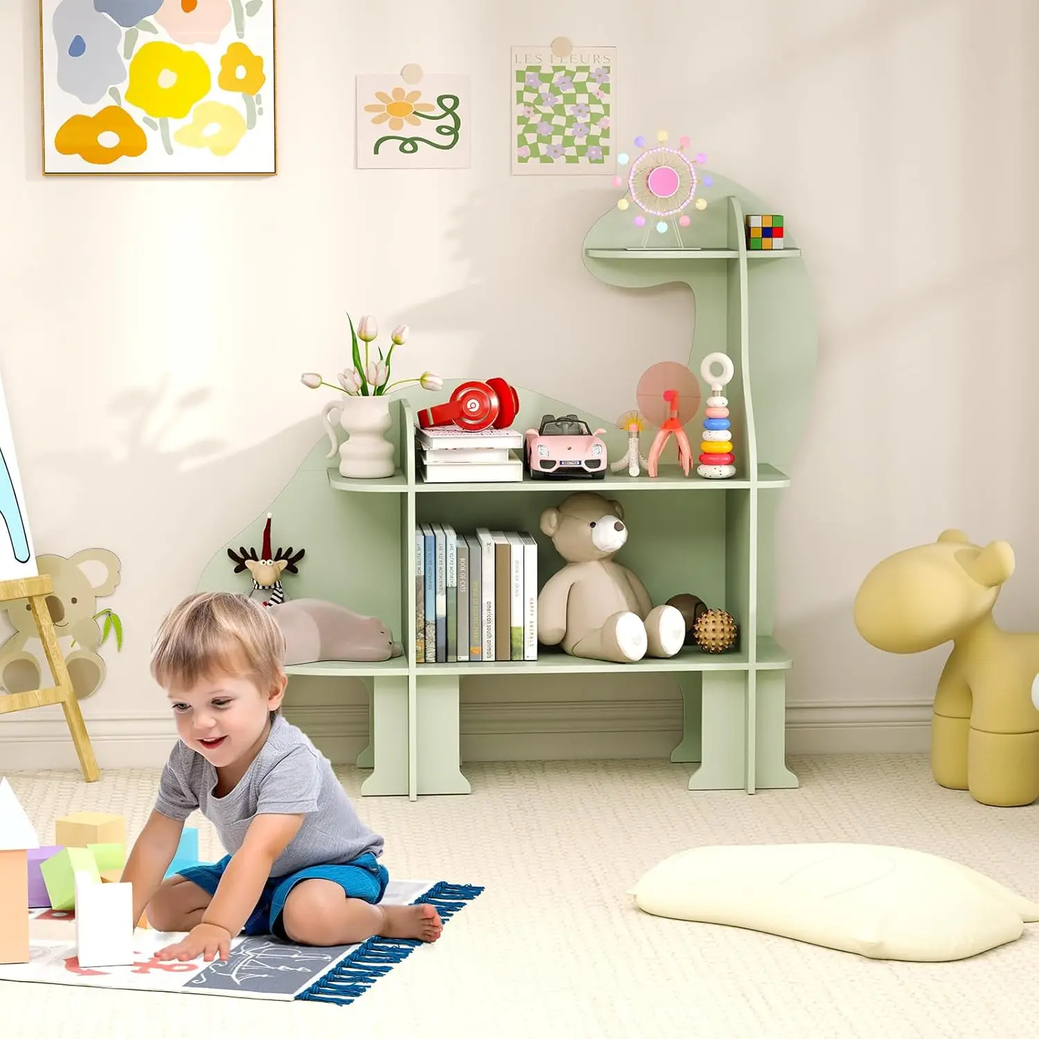 رف كتب خشبي من 3 طبقات، خزانة كتب مونتيسوري للأطفال، مساحة تخزين الألعاب، أخضر