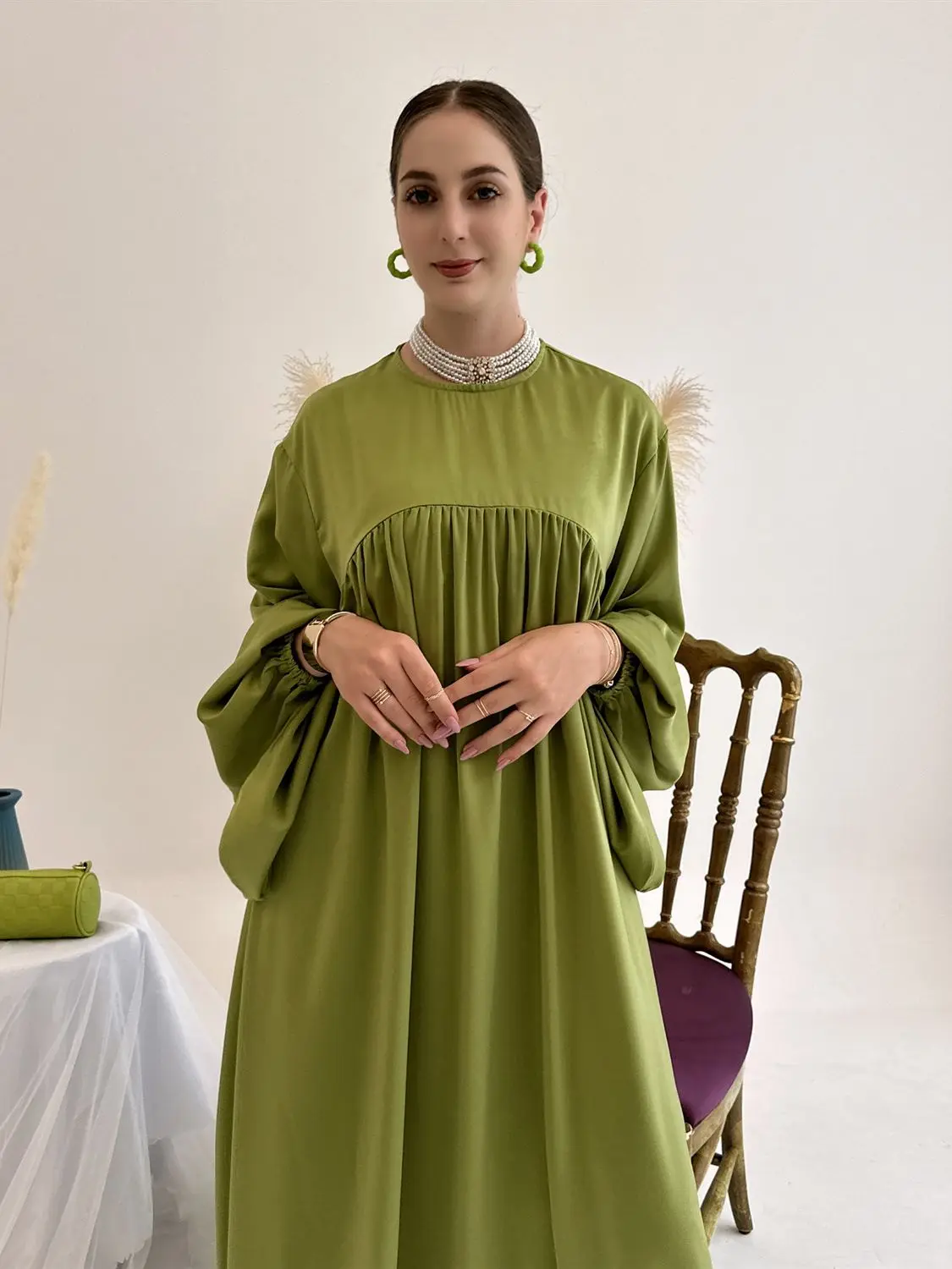 Fashion Loose Muslim Dress Dubai Full Length Elastic Cuff Sleeve Soft Abaya Dubai Turkey Muslim Islam Robe With Pocket WY1522