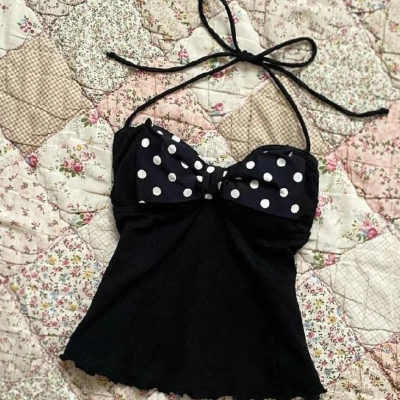 

Women's Trendy Black Halter Cami Top - White Polka Dot Bow Detail Slim Fit Cropped Vest Y2K Sweet Edgy Cute Casual Spring Summer