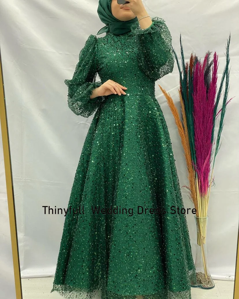 Thinyfull A-line Arabic Muslim Prom Dresses Long Sleeves Sequin Beading Evening Party Dress Dubai Formal Occasion Gown 2023