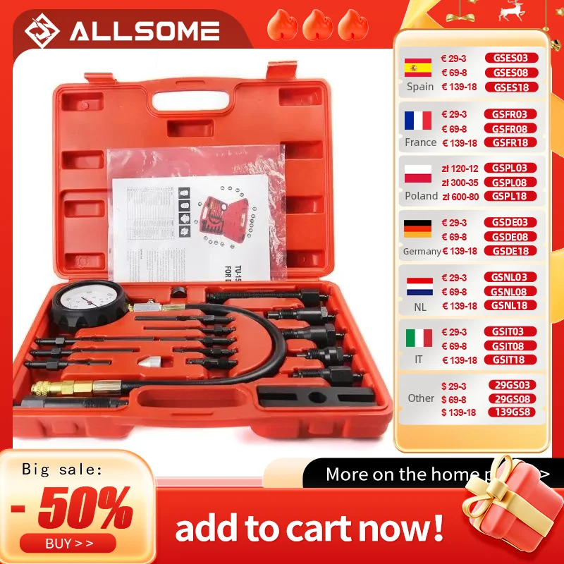 ALLSOME Professional Diesel Engine Cylinder Compression Tester Tool Kit Set Pressure Gauge Tester Kit Set TU-15B Detection Table