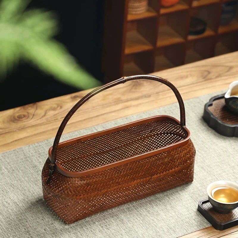 Frutero de Bambú Tejido con Laca, Cesta de Almacenamiento para Té, Joyero Retro Chino, Caja Organizadora Artesanal para Escritorio