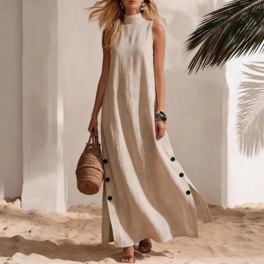 

Новинки 2026 года: Европейский и американский стиль – женское повседневное льняное платье без рукавов, однотонное, с боковым разрезом, средней длины, для отдыха на море.