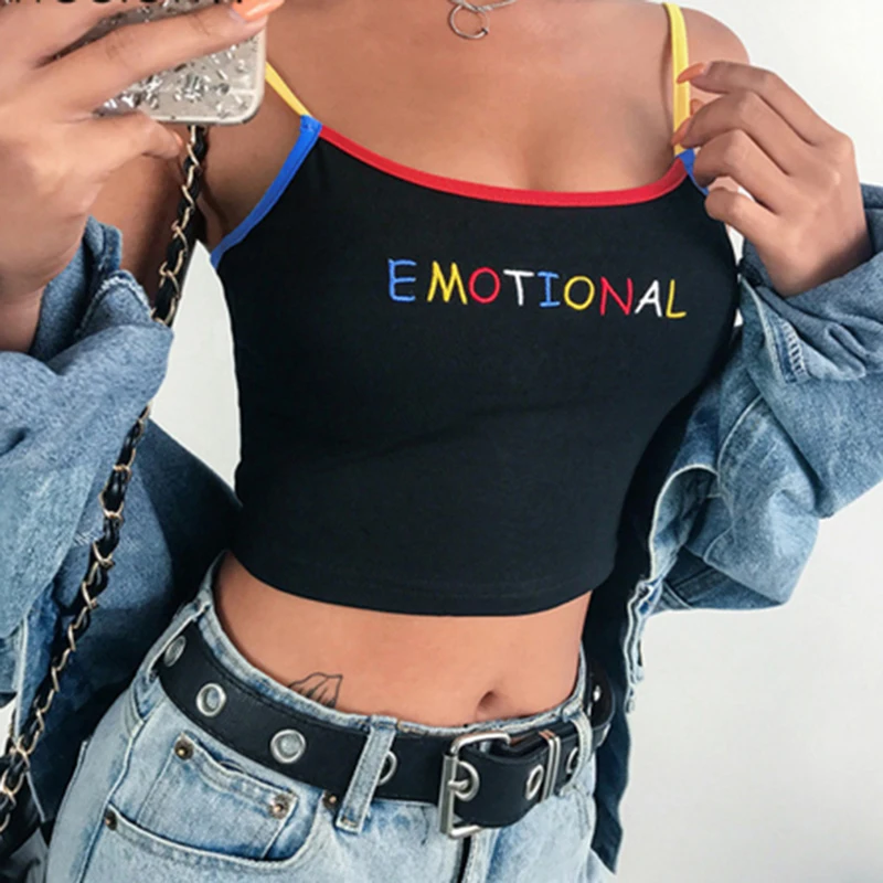 2024 Summer Women Crop Top Cropped Ladies Spaghetti Strap Elastic Camisole Sexy EMOTIONAL Letter Embroidery Tank Tops