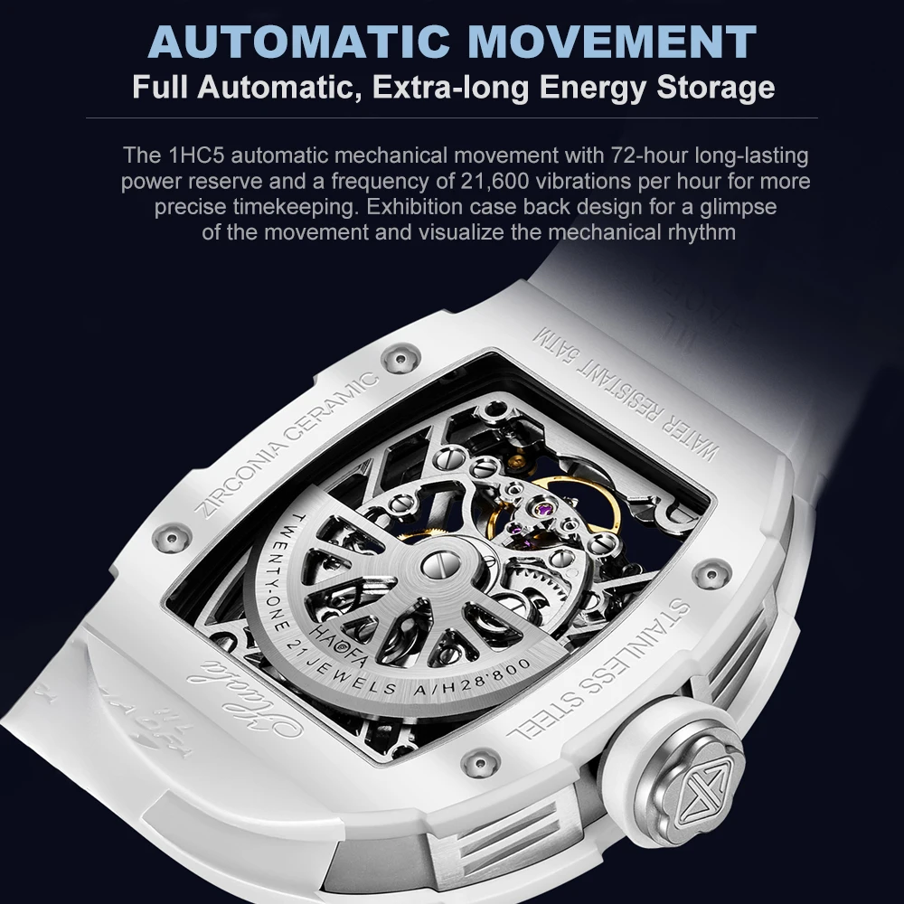 Haofa Skeleton Automatic Mechanical Watch for Men Ceramic Bezel Sapphire Luminous Waterproof Business Sport Self-Wind Watch 1988