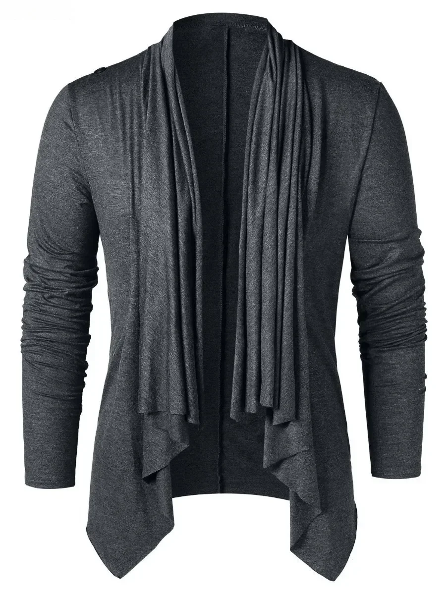 New  Spring Autumn Men's Casual Long Sleeve T-shirt Trend Asymmetrical Overlap Cardigan Solid Slim Shawl Collar Tops for Men