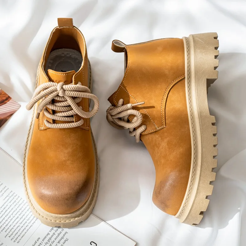 

Fashion Men Leather Boots British Style Retro Casual Shoes Outdoor High Top Work Boots Soft Comfortable Wide Toe Barefoot Shoes