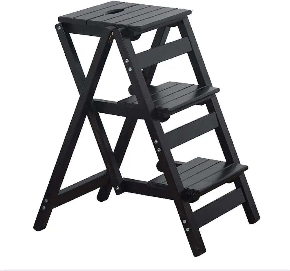 

Step Stool for Adults/Step Ladder/Counter Chair, 3-Step Folding Portable Wooden Step Stool, Anti-Slip & Lightweight (Black)