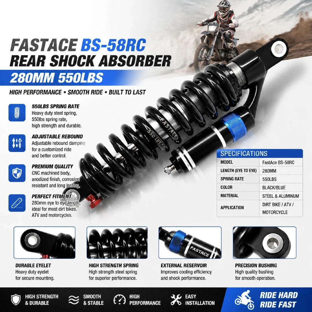 FastAce BS-58RC Rear Shock Absorber 280mm 550LBS Reservoir Adjustable Damping Coil Spring Shock for Dirt Pit Bike ATV Off Road
