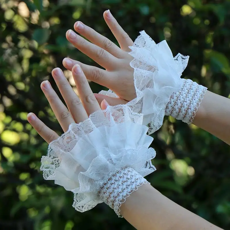 

Elegant lace Fake Sleeves Hollow Out Crochet Floral Lace Horn Cuffs 3 Layers Pleated Ruched False Cuffs Blouse Wrist Warmers