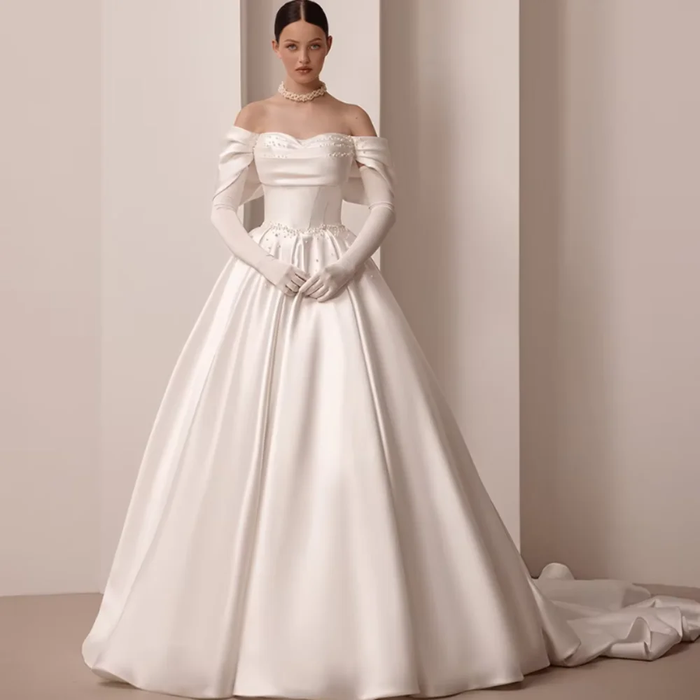 Abiti da sposa eleganti senza spalline personalizzati con spalle scoperte Abiti da sposa classici Una linea di perle Abito da sposa con lacci Vestido De Novia