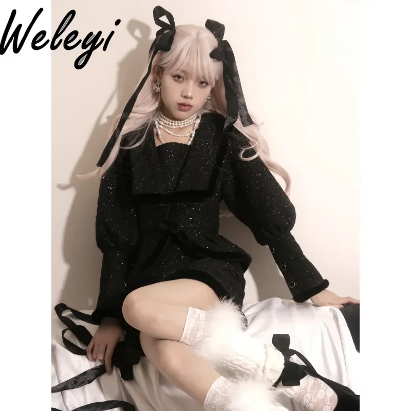 Sweet Lolita Black and White Skirt Suit Tweed New Year's Two Sets Winter 2024 Streetwear New Cutecore and Elegant Women Clothes