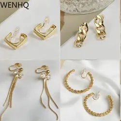 WENHQ Korean Design Long Tassel Rhinestone Mosquito Coil Clip on Earrings No Pierced Ear Clip Women's Cuff Earrings Jewelry Gift