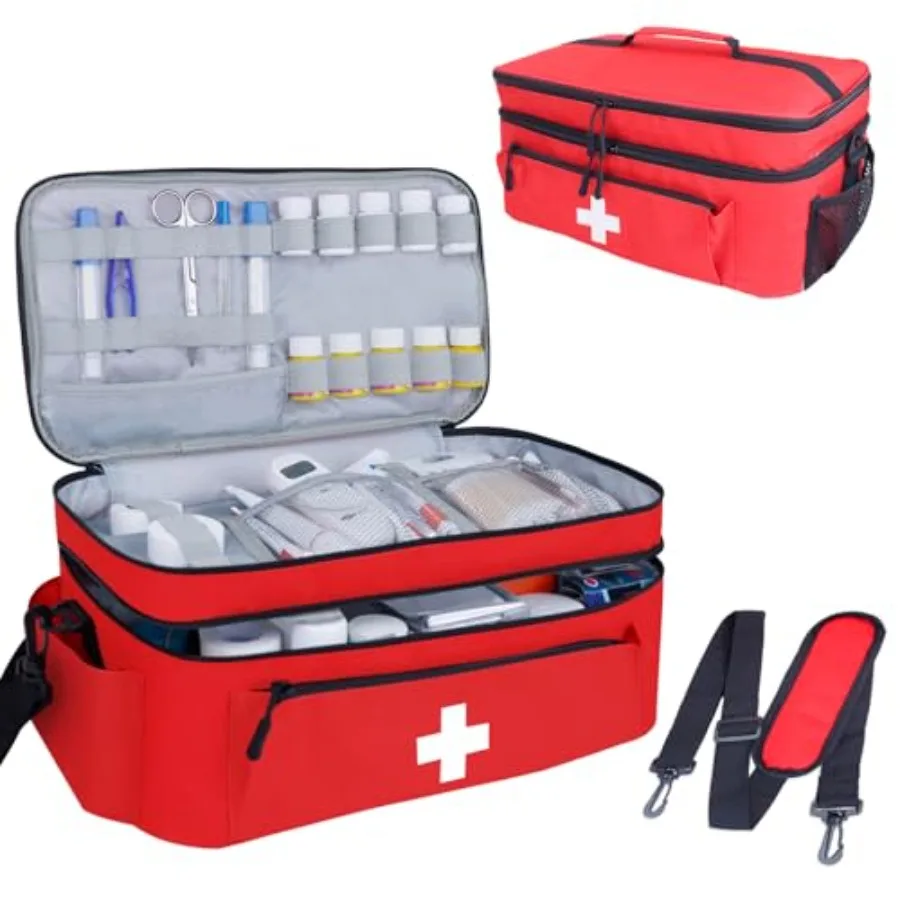 

First Aid Bag Empty Large 2 Layer Medical Bag with Shoulder Strap 16"x 9½" x 7" Medicine Organizer Box Travel First Aid kit Eme