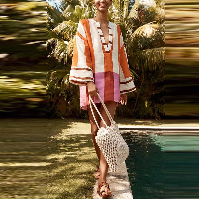 秋のローカットVネック長袖ワンピース オフィスレディース ストライプ柄プリント ショート丈ワンピース カジュアル ハイストリート ボヘミアン Aラインワンピース