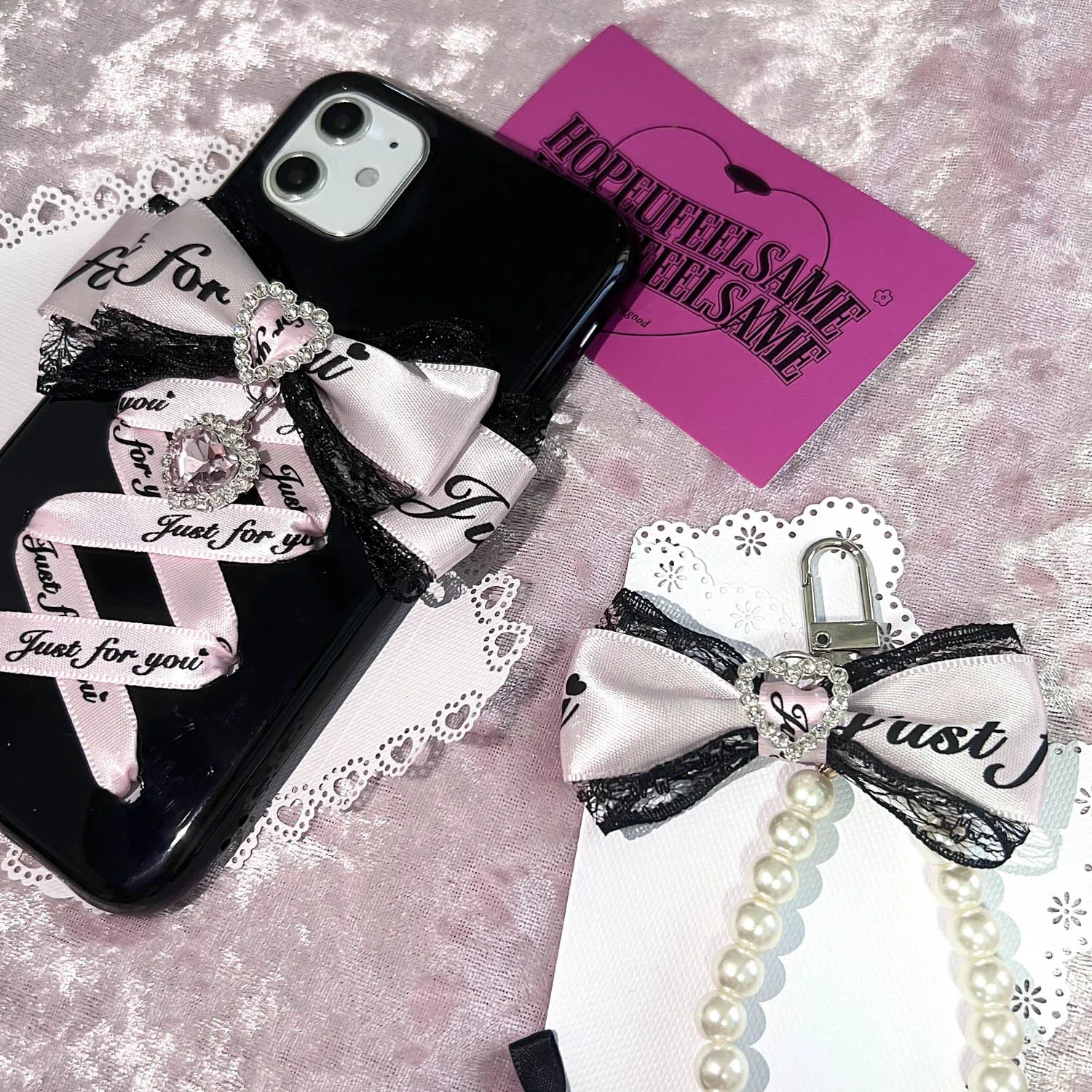 Handmade Ribbon Bow Phone Case For iPhone 16 15 14 13 12 11 Harajuku Lolita Girl Bowknot Heart Soft Phone Case with Pendant