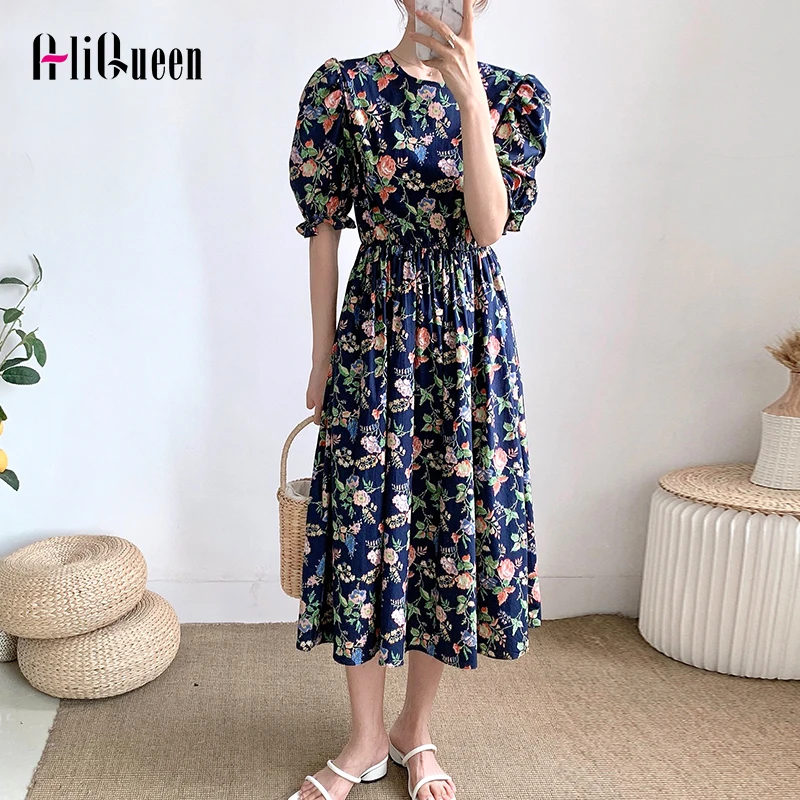 

Summer Korean Women Floral Print Puff Sleeve Elastic Waist Loose Long Dress Elegant Female Vintage Cotton Party Dresses Vestidos