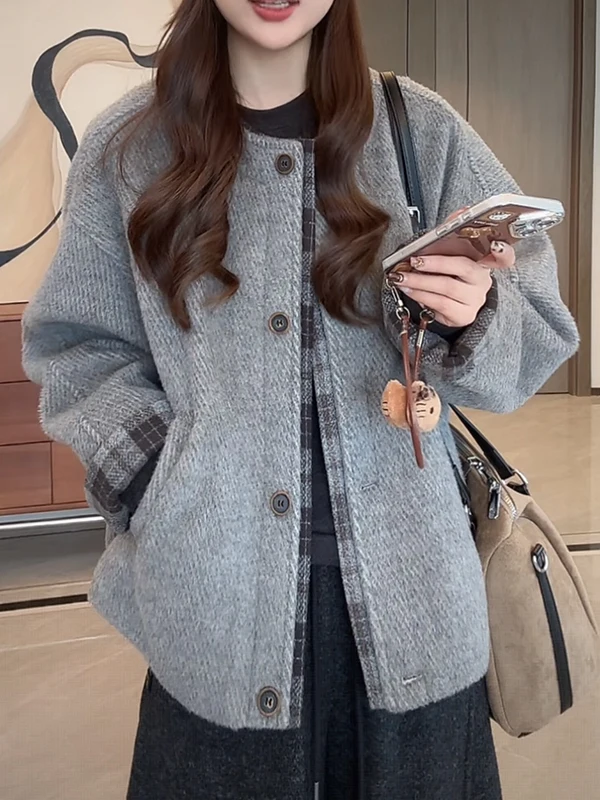 

Женская утепленная хлопковая куртка в клетку на пуговицах, свободного кроя, теплая, удобная, уютная, для весны, осени и зимы