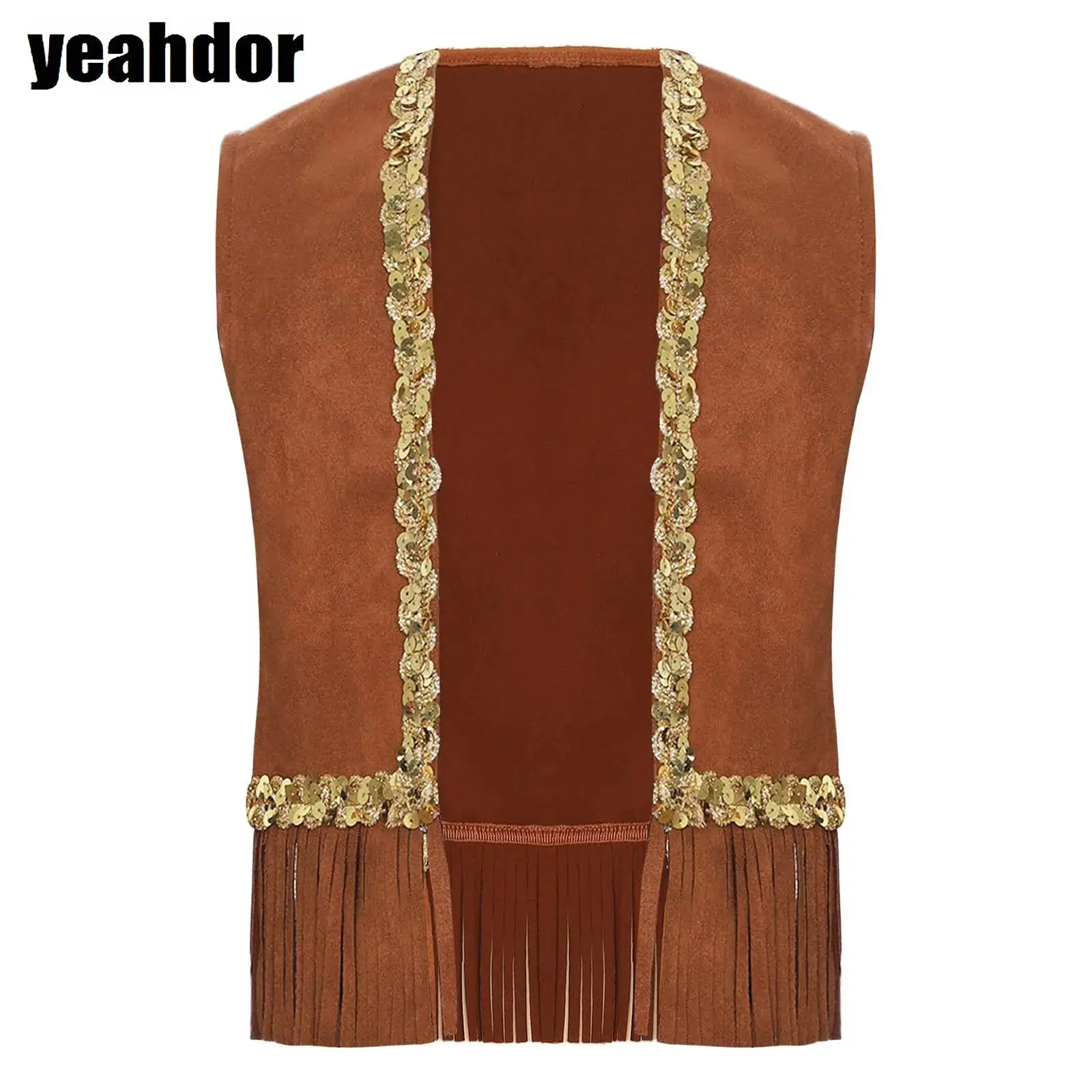 

Girls 70s Disco Hippie Cosplay Costume Halloween Western Cowboy Vest Sleeveles Sequin Fringe Open Front Waistcoat Fancy Dress Up